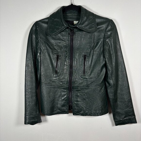 Vintage Leather Zip Jacket Dark Green 70s moto boho Size X Small - Picture 2 of 7
